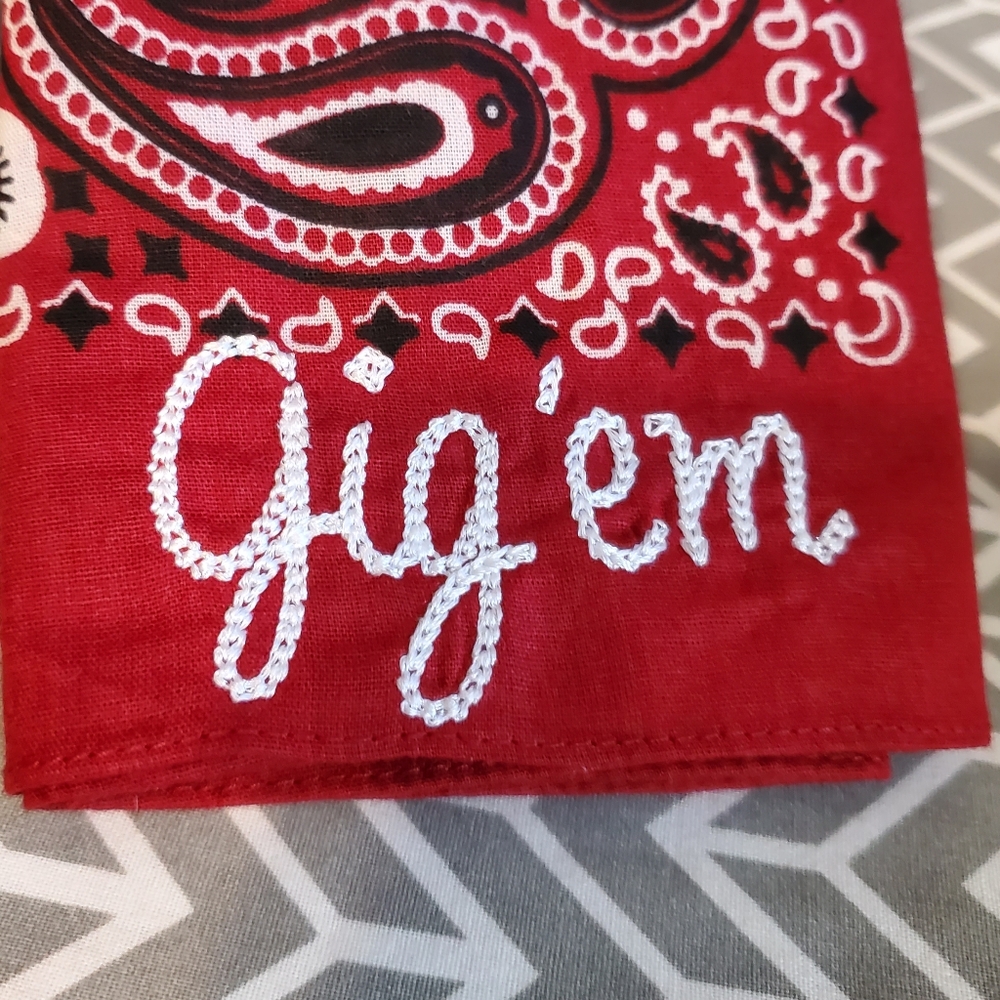 Handmade Embroidered Texas A&M Gig em Bandana Maroon